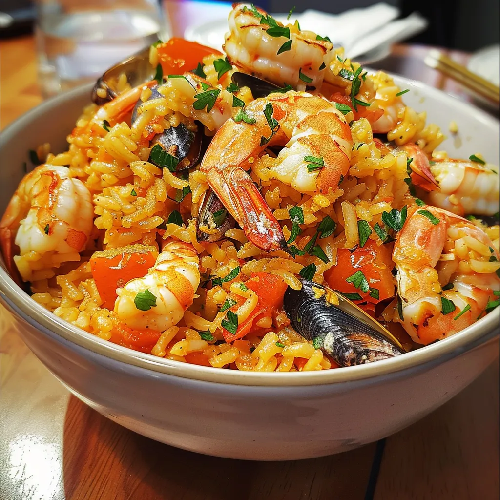 Dish of Arroz de marisco featuring a rich mix of seafood and aromatic herbs.