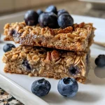 Close-up of baked oatmeal with blueberries and a sprinkle of nuts.
