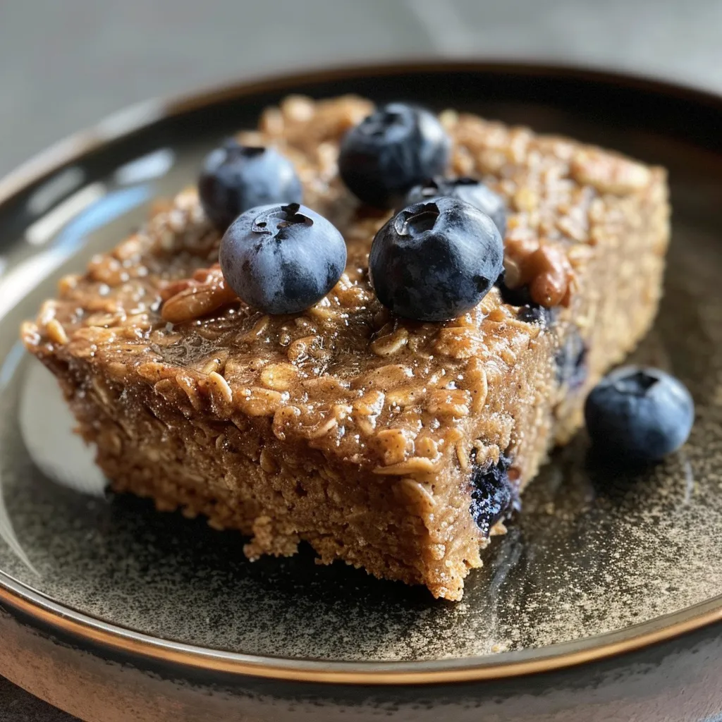 Side view of a warm, golden baked oatmeal topped with fresh blueberries and honey.