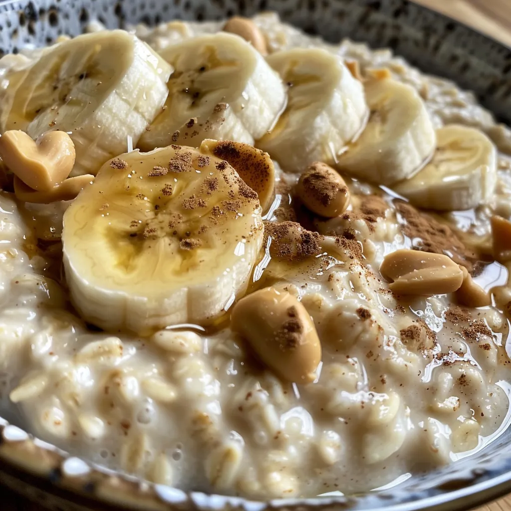 Side view of creamy oatmeal with peanut butter and banana, served in a bowl.