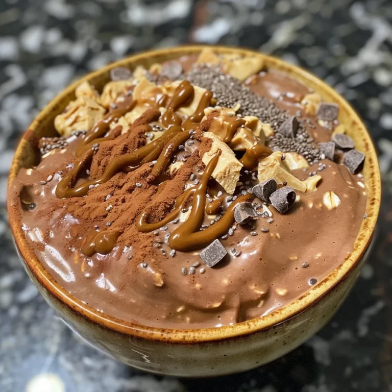 Aveia de chocolate com manteiga de amendoim em um recipiente transparente.