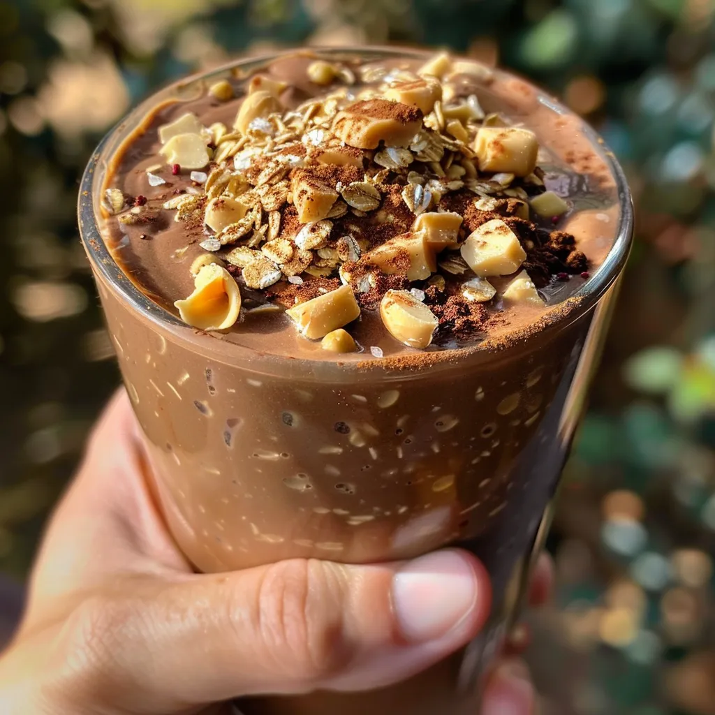 Close up de aveia noturna decorada com uma camada de manteiga de amendoim.