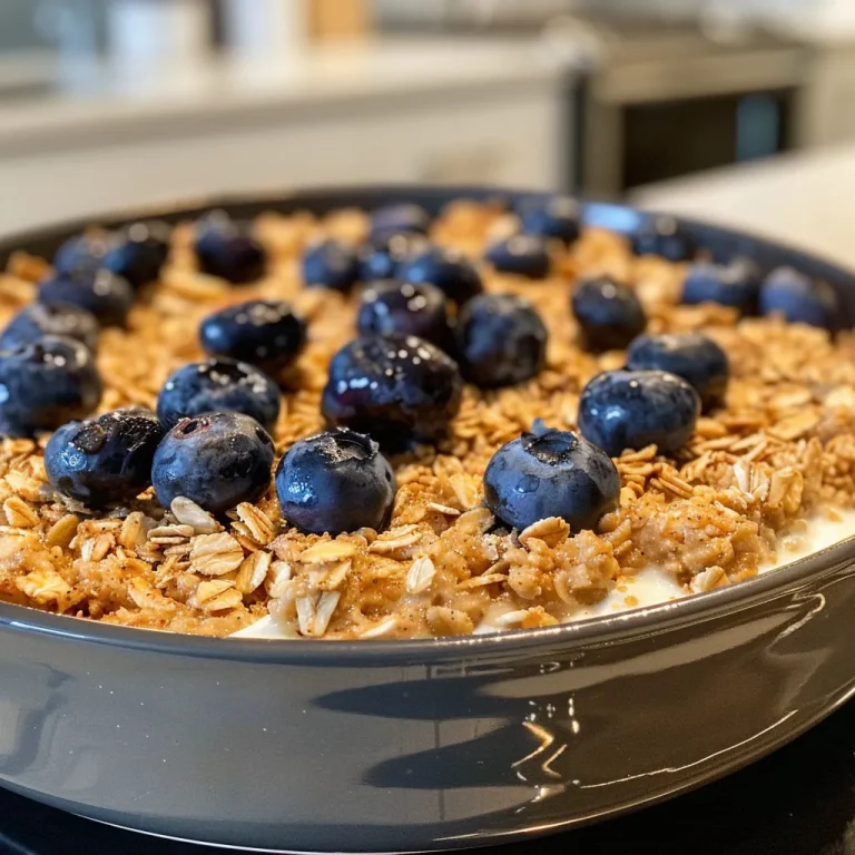 Close-up of gluten-free blueberry muffin baked oats topped with fresh blueberries.