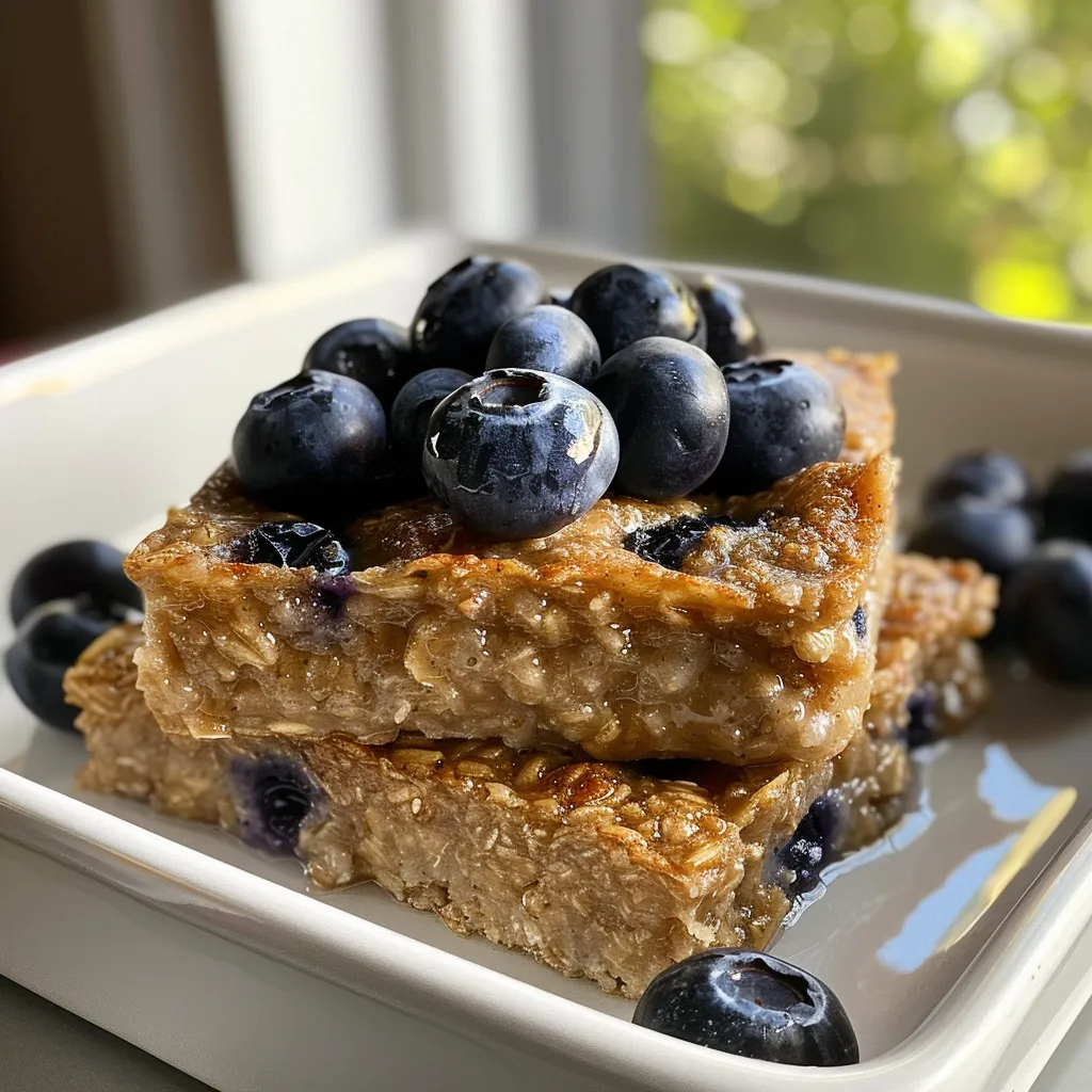Side view of a bowl of protein-packed blueberry baked oats with a creamy texture.