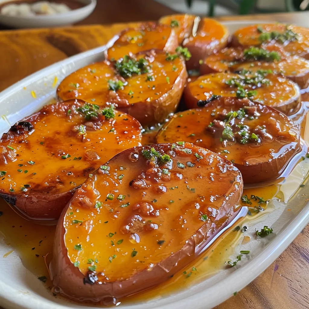 Close-up de batata doce com frango desfiado e queijo.