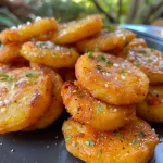 Batatas fritas crocantes em um prato, com tempero visível.