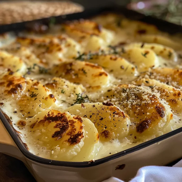 Close-up de Batata Gratinada ao Molho Branco com camadas de queijo derretido.