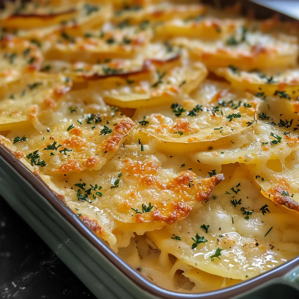 Imagem lateral de Batata Gratinada ao Molho Branco, mostrando sua textura cremosa.