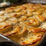 Close-up of a cheesy potato bake with golden, bubbly cheese on top.