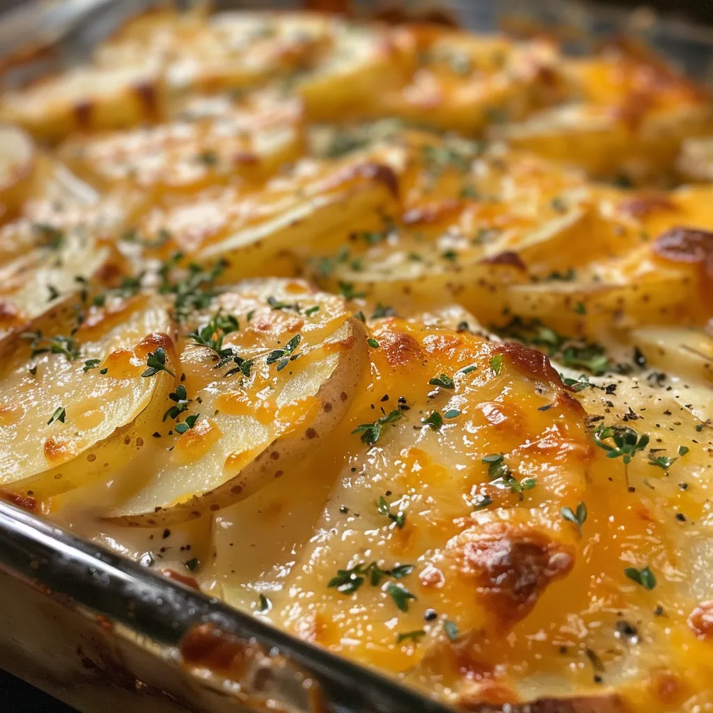Side view of a dish of Batata Gratinada com Queijo, highlighting layers of potatoes and melted cheese.