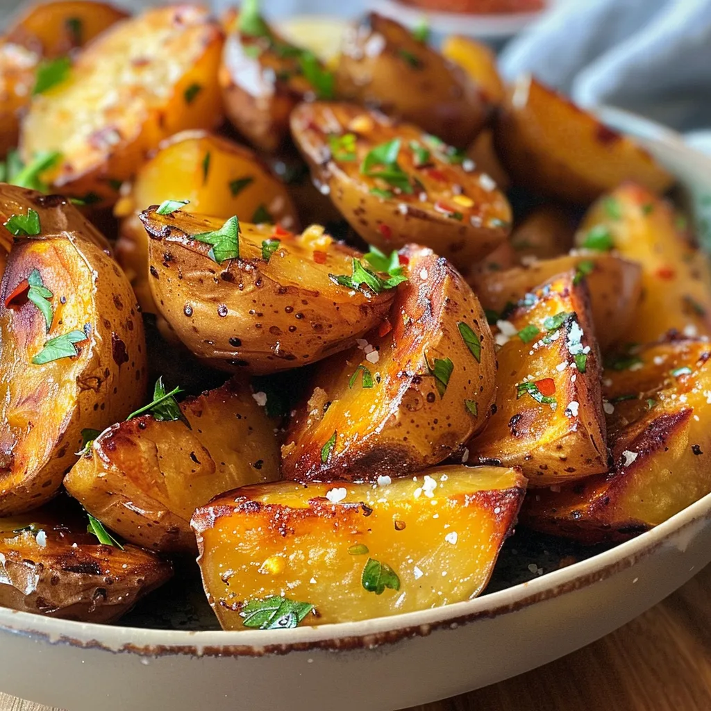 Close-up de batatas rústicas douradas, temperadas com ervas, servidas em uma tigela.