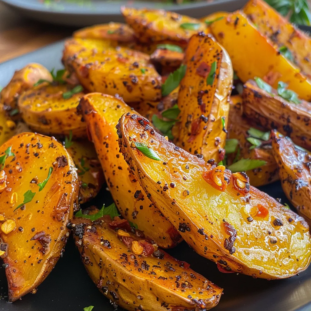 Side view of golden-brown batata rústica garnished with spices.