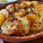 Batatas a murro com alecrim, apresentando uma textura crocante e dourada.