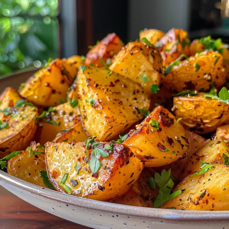 Batatas assadas com ervas em um prato raso, mostrando a textura crocante.