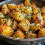 Batatas assadas crocantes com alho e parmesão, em close.