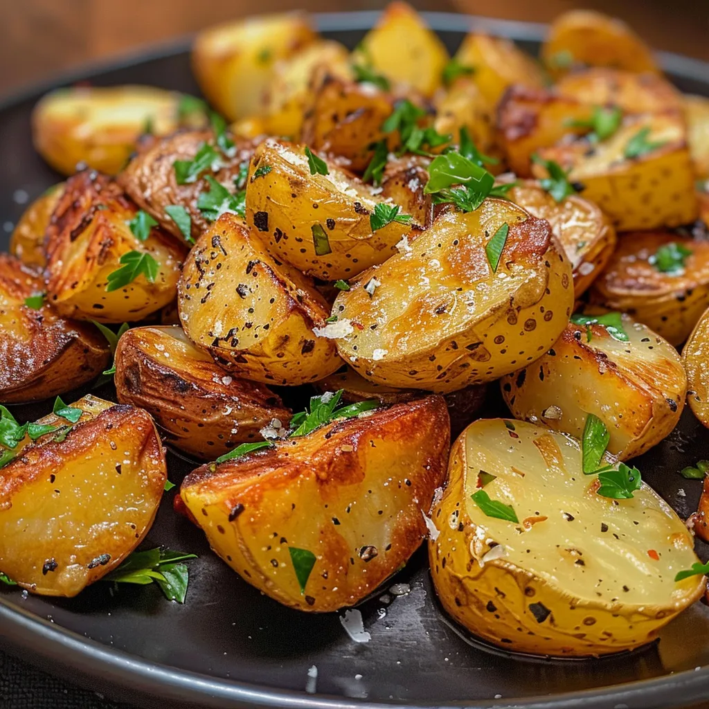 Cubos de batatas douradas com queijo parmesão e alho, vista lateral.