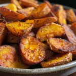 Batatas rústicas temperadas em uma tigela, com ervas visíveis.