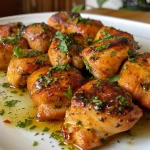 Close-up of juicy chicken bites in garlic butter sauce.