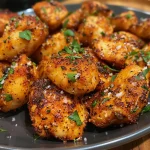 Close-up view of golden-brown chicken bites from an air fryer on a plate.