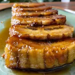 Fatia de Bolo de Banana Caramelizada em um prato, com cobertura de banana e caramelo.