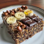 Bolo de banana com aveia e chocolate, mostrando camada de cobertura de chocolate e avelãs.