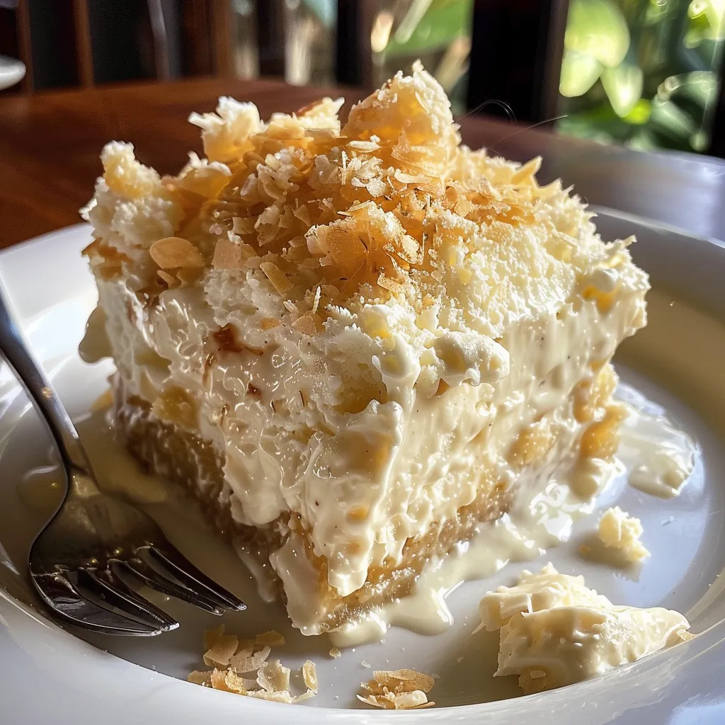 Close-up de um bolo de coco com cobertura cremosa e coco ralado por cima.