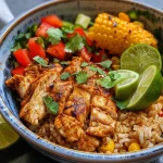 Close-up of a grilled chicken burrito bowl with rice, corn, and fresh vegetables.