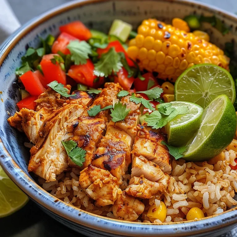 Close-up of a grilled chicken burrito bowl with rice, corn, and fresh vegetables.