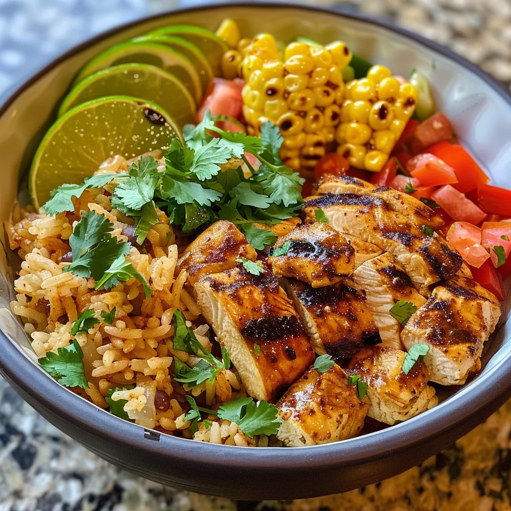 Juicy grilled chicken strips on a bed of rice, topped with cilantro and lime.