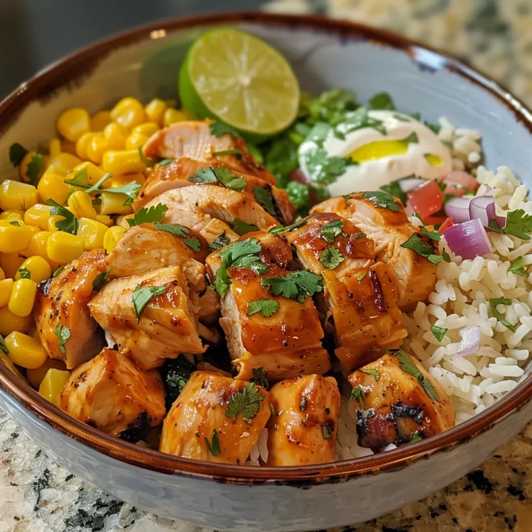 Close-up view of a vibrant street corn chicken rice bowl with colorful ingredients.