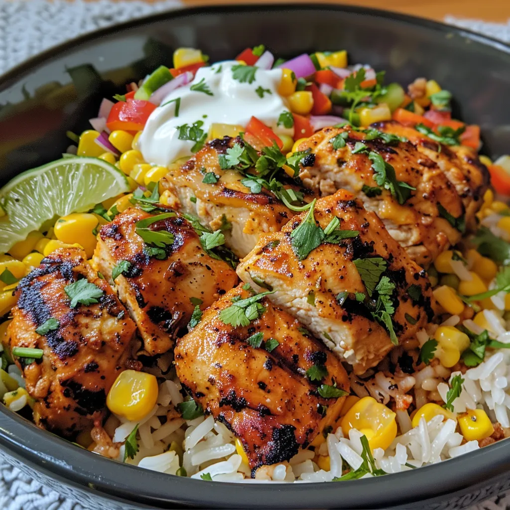 Juicy chicken and corn mixed with rice in a bowl, garnished with fresh herbs.