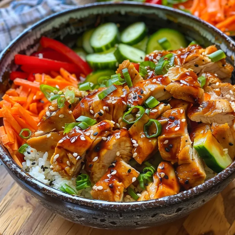 Um close de um bowl de frango agridoce com arroz, legumes frescos e molho.