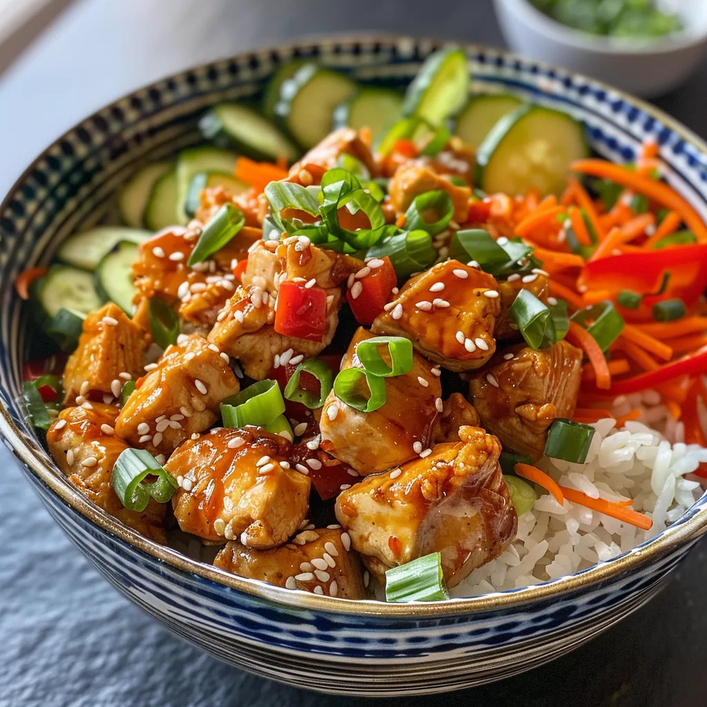 Vista lateral de um bowl de frango com molho agridoce, arroz e vegetais coloridos.