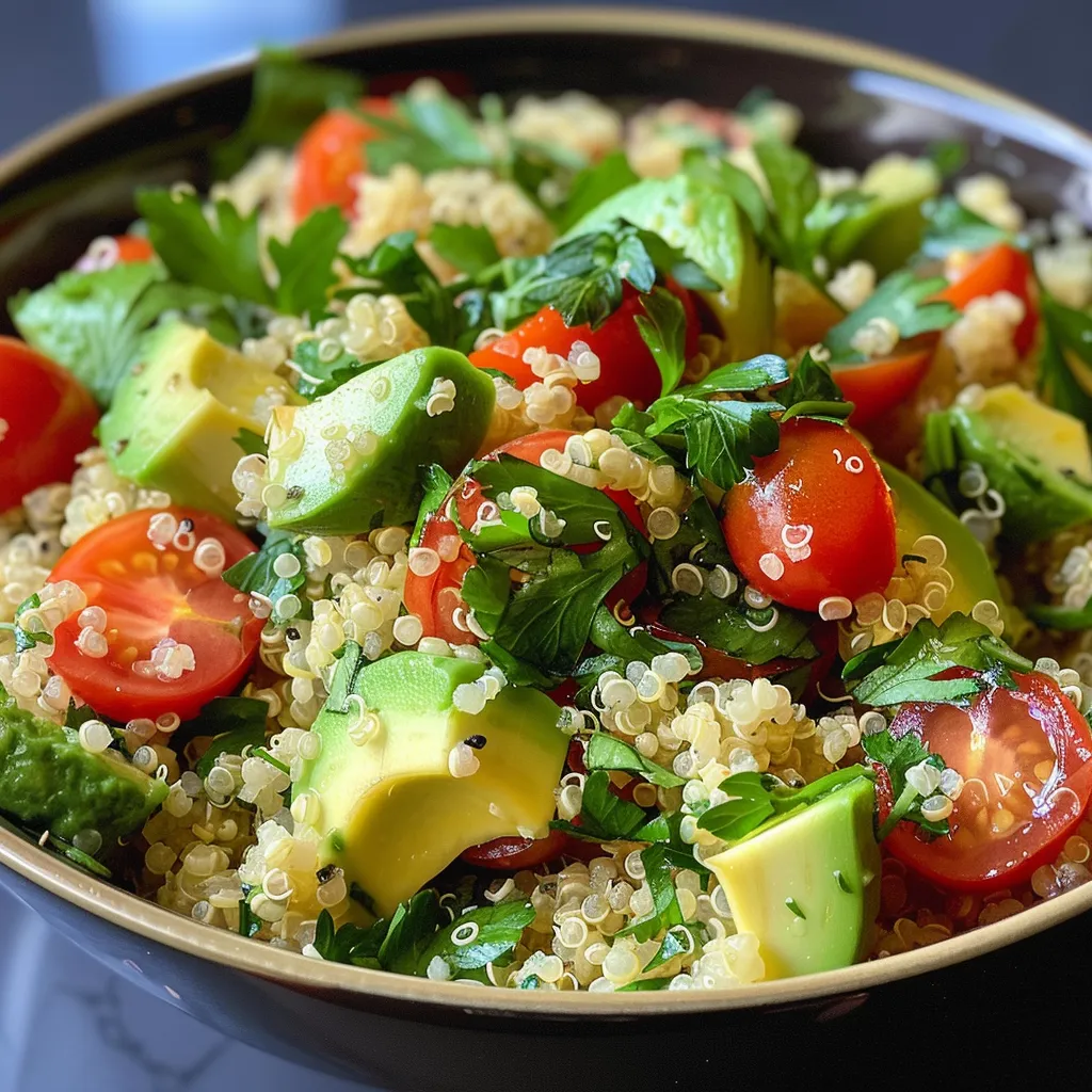 Close-up de uma tigela colorida de quinoa com ingredientes frescos.