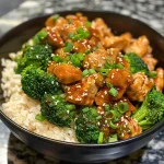 Tigela de frango com mel e alho, apresentando arroz e brócolis.