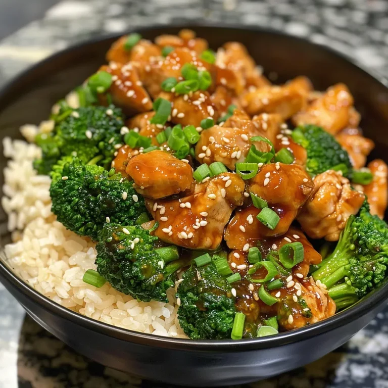 Tigela de frango com mel e alho, apresentando arroz e brócolis.