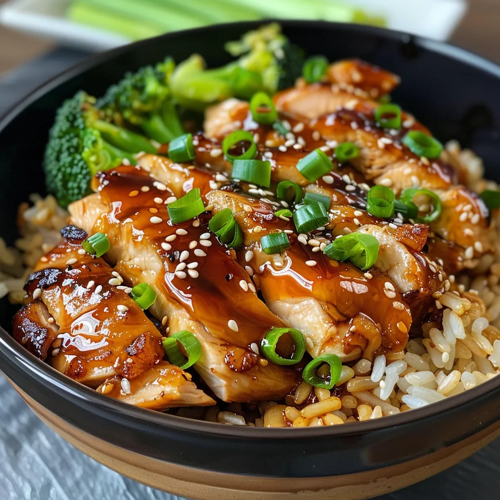 Close-up de um prato de frango caramelizado com brócolis e arroz.
