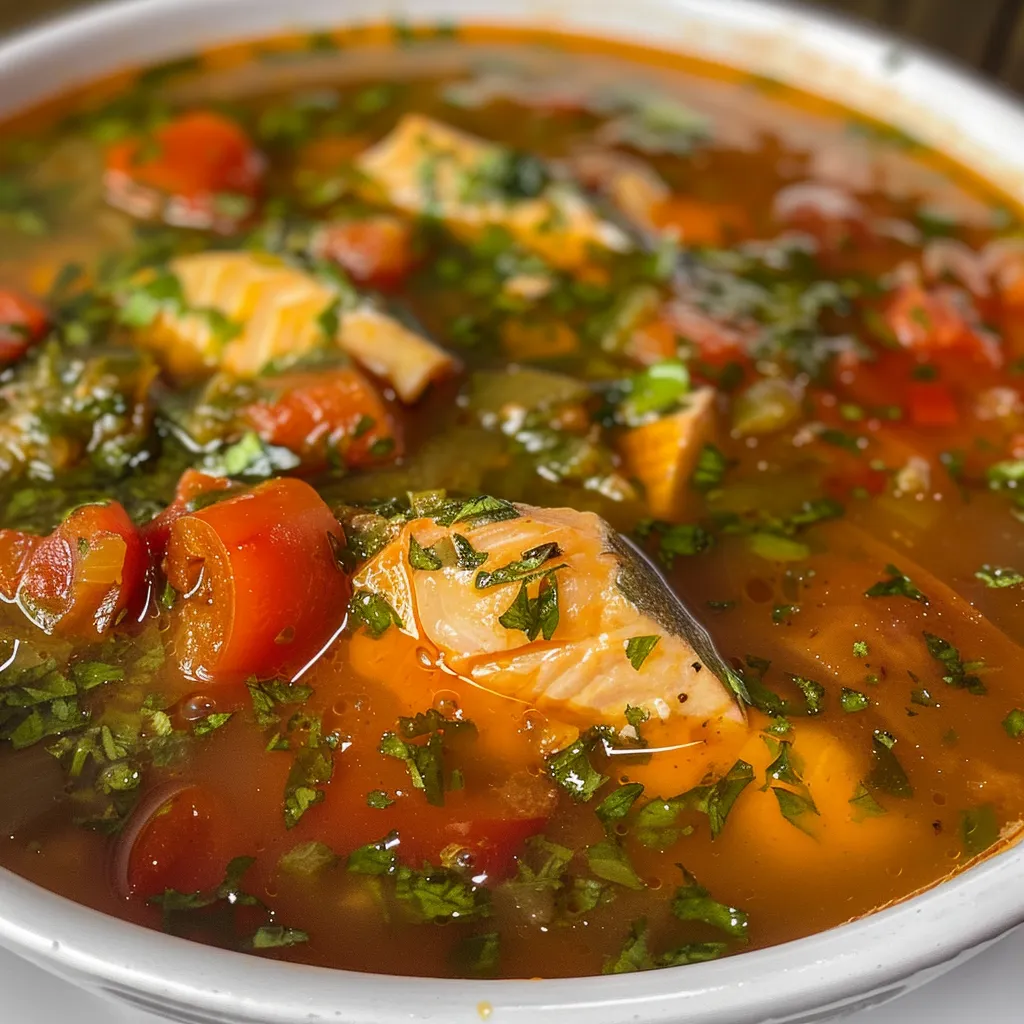 Uma porção de Caldo de Peixe, destacando carne de peixe e ervas.