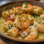 Juicy shrimp in a white sauce garnished with green herbs.