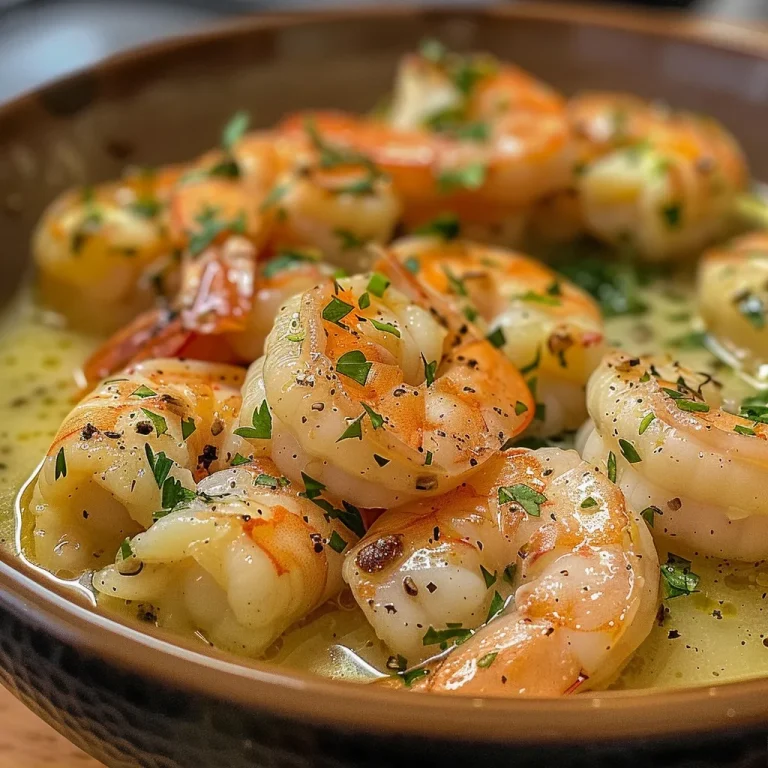 Camarão ao Molho Branco Especial: Um Toque de Sabor na Sua Mesa Juicy shrimp in a white sauce garnished with green herbs.