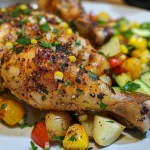 Prato de frango picante suculento com legumes assados coloridos.