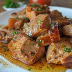 Delicious Carne de Porco na Panela de Pressão presented in a serving dish, showcasing its rich color.