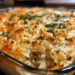Close-up view of a creamy chicken Alfredo rice casserole, garnished with melted cheese.