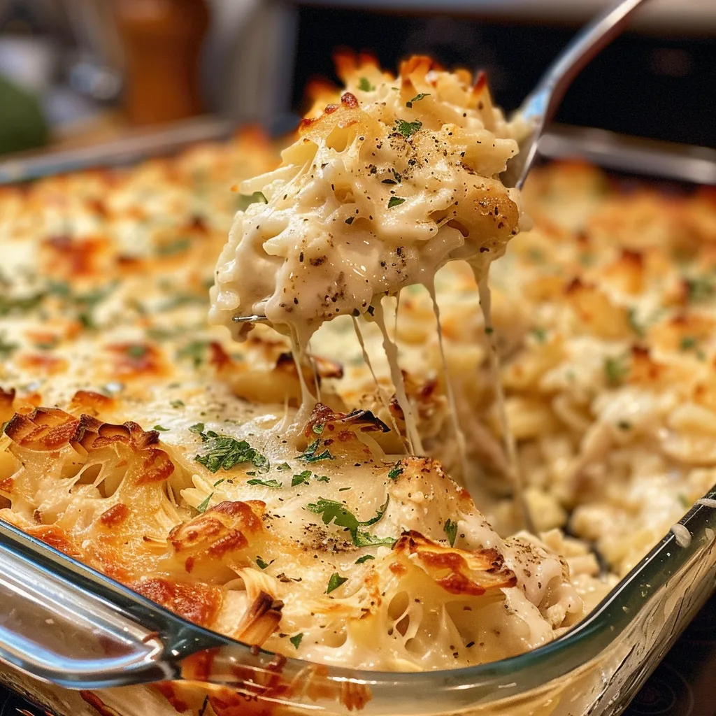 Side angle of cooked chicken Alfredo casserole showcasing layers of rice and cheese.