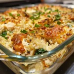 Close-up of a creamy Chicken Spinach and Rice Casserole dish, showing layers of chicken and spinach.