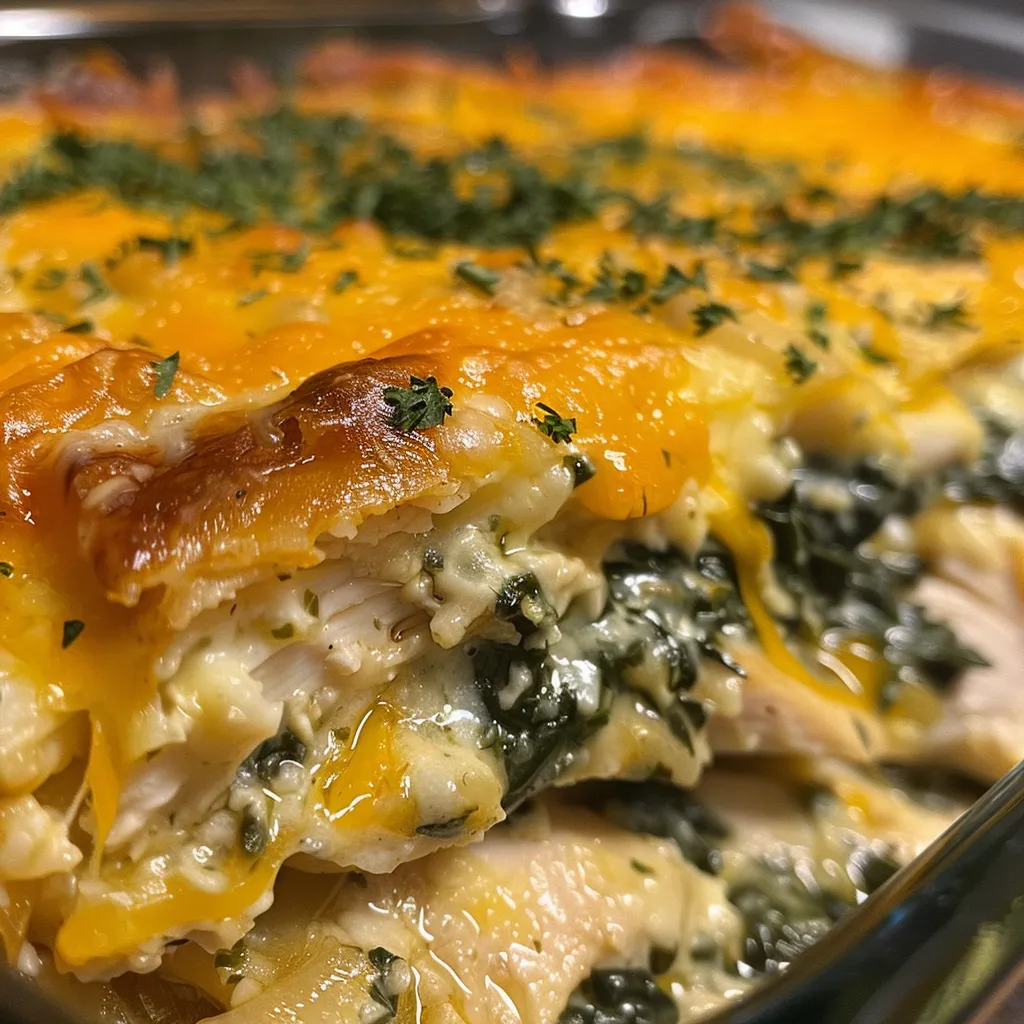 Close-up de um prato de casserole de frango e espinafre com creme de queijo.