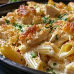 Casserole de frango com queijo, com frango suculento e massa em uma assadeira.