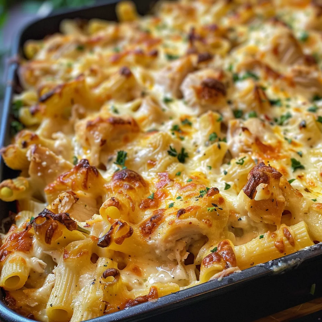 Close-up de uma deliciosa caçarola de frango com queijo e pasta.