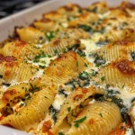 Concha de espinafre e queijo recheada, vista lateral.