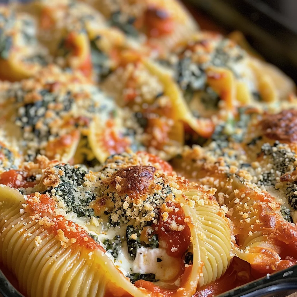 Close-up de conchas de massa recheadas com ricota e espinafre.